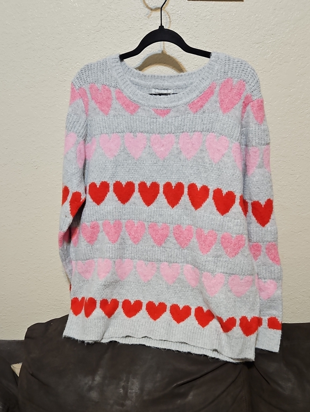 cupcakes & cashmere Gray Sweater with Pink and Red Heart Stripes